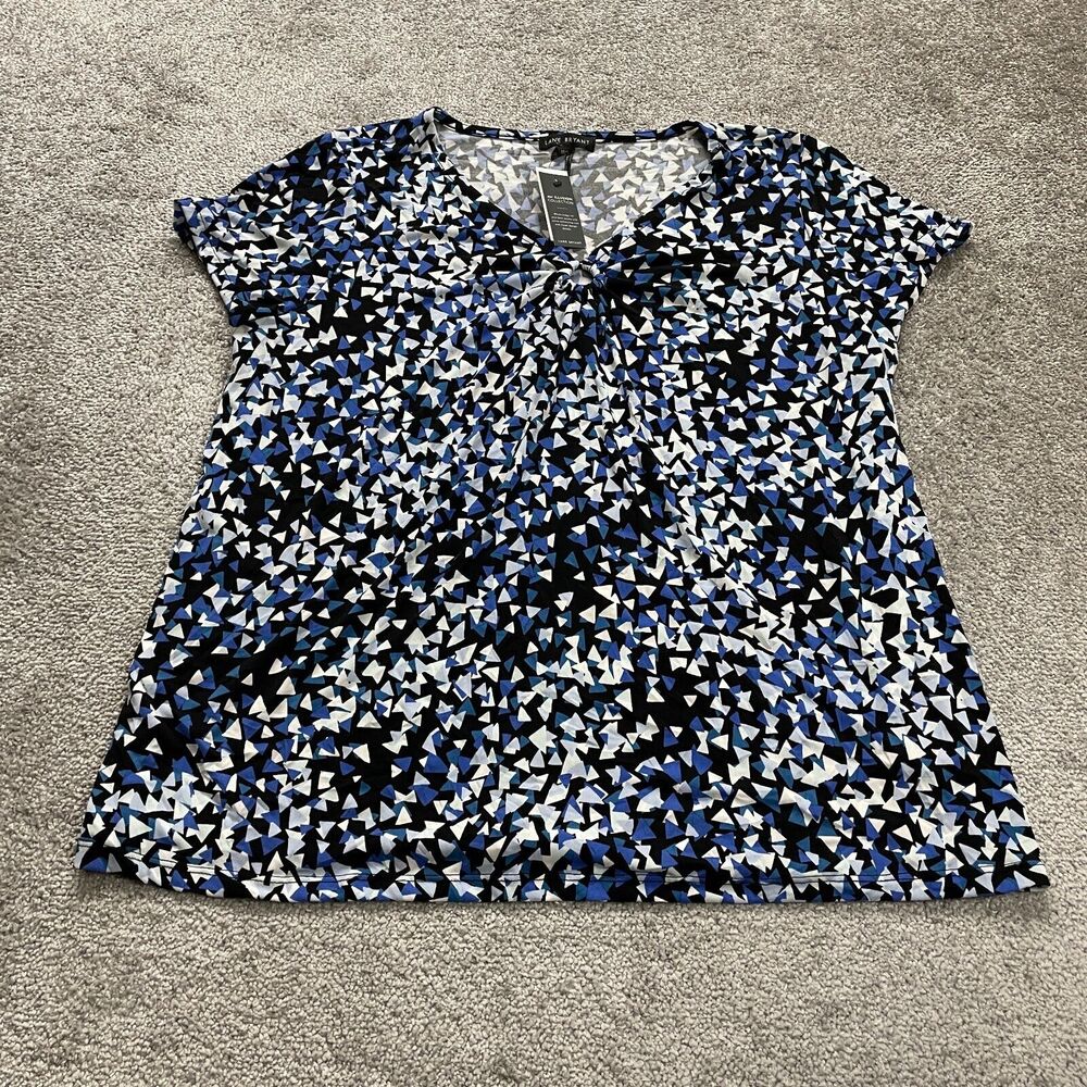 Lane Bryant Blouse Womens 18/20 Blue White Black V-Neck Keyhole Short Sleeve NWT